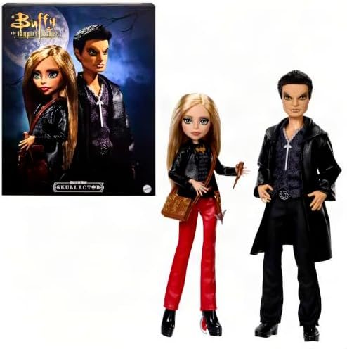 Skullector Buffy and Angel dolls in faux leather with crossbow
